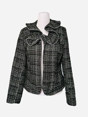 Trenz Theresa Renz Jacket Blazer Size M Black White Tweed Ruffle Zipper Trim